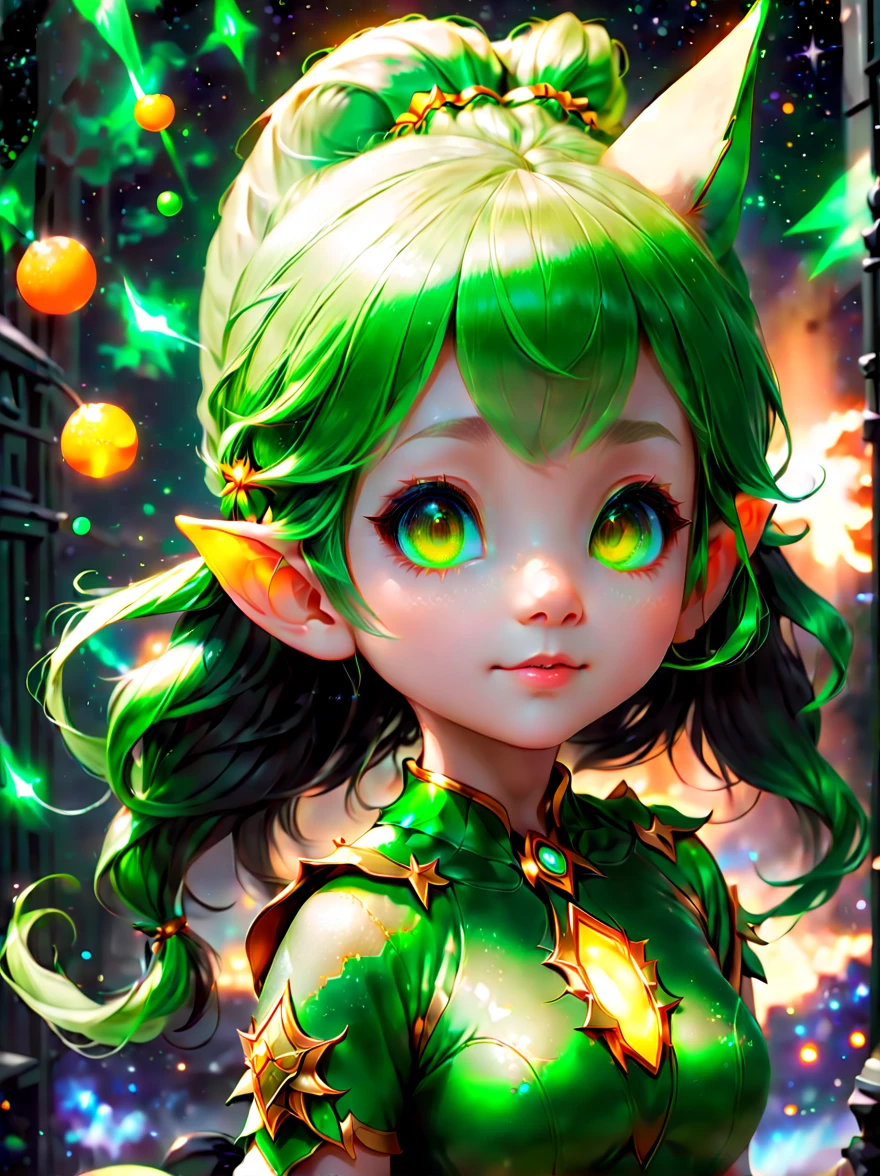 (portrait: 1.8), 3D character rendering，((1 little girl elf，Green double ponytail，可爱的lol脸，Pointy ears and charming eyes))，((Hairstyling design：Brilliant dark green，添加一些Glowing light的元素头饰，Designs such as orange photoelectric glasses or head-mounted displays：在面部装饰上添加一些Glowing light线条或橙色 LED 灯光效果，lol，lol脸，Highlight the image of future elf female warriors))，((starry sky background)), (View, First-person perspective, jib style colors, Glowing light, movie lighting, ultra high definition, masterpiece, Acura, anatomically correct, textured skin, Super details, high detail, high quality, Award-winning, best quality, 8k), Bubble Mart Blind Box, ((eyes on the audience))