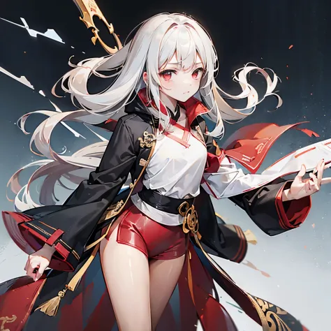 (Xiangyu，a girl at night)Silver coat，Delicate and soft，Hands in pockets，Unique temperament，white hair，red eyes