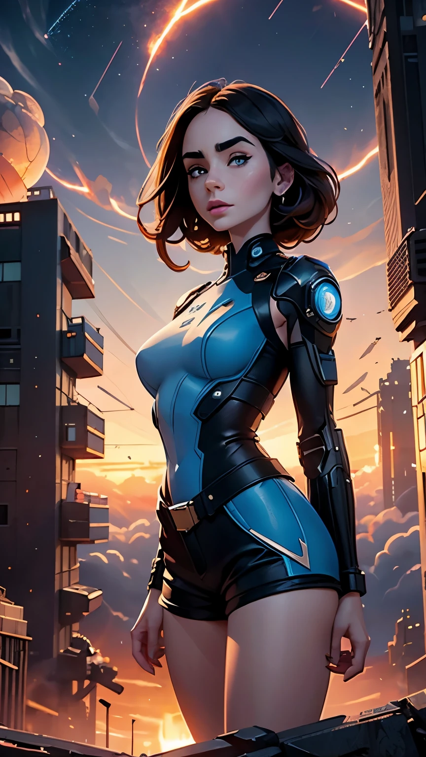 Lily Collins,Tall figure，skin，Upper body shorts，Dark shorts，Complex workmanship，icon，company logo，large sphere，Emit blue light，background with，future technology，cyberpunk city，Large mechanical building，big gear，doomsday ruins，giant tornado，Blue sky and white clouds，lightning thunder，sunset fire cloudultiple planets，end of the world，giant tornado