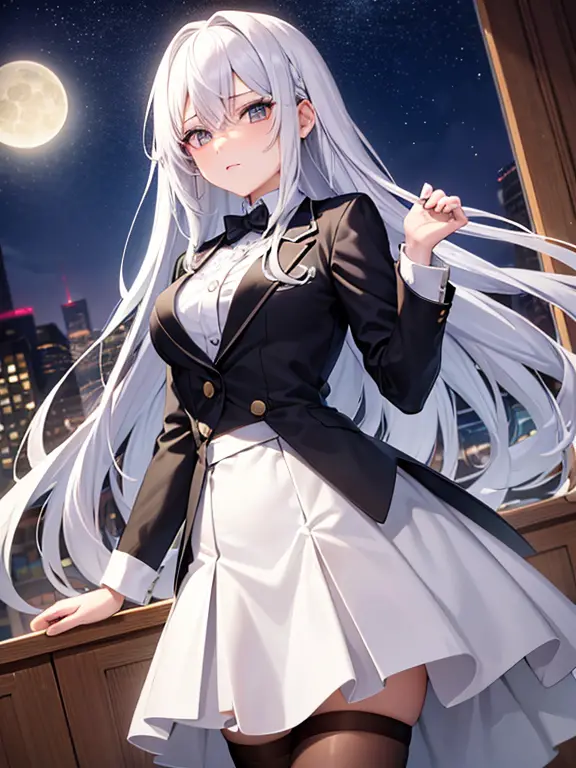 Teenage girl with white hair and white eyes wearing cloth suit for elegant party, mirando desafiante hacia la luna atra vez de u...