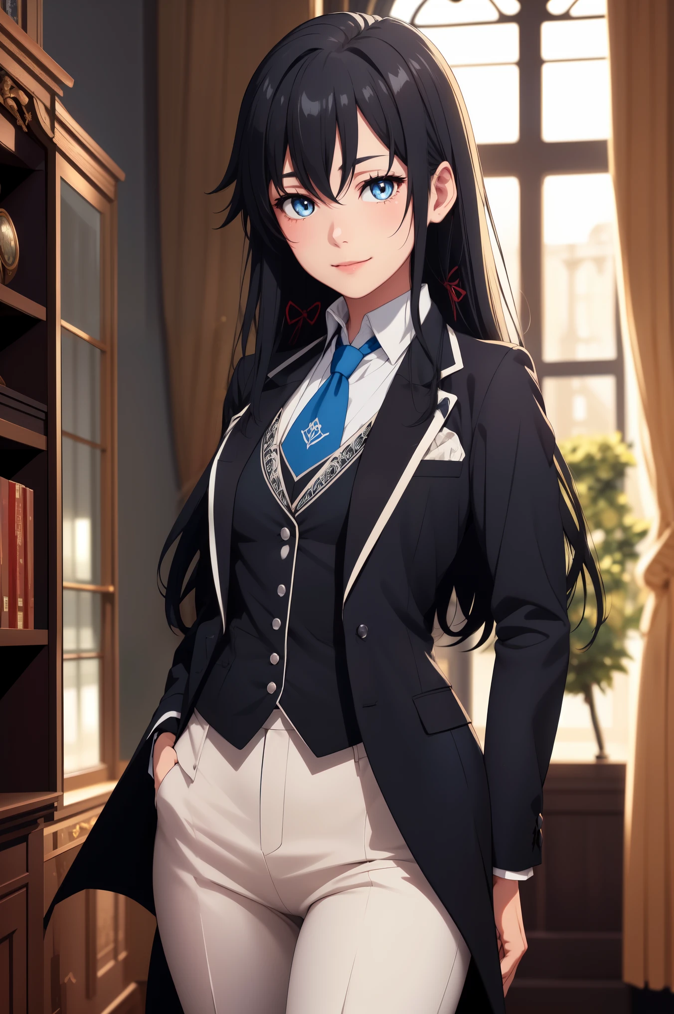 japan, highres, highest quallity, illustration,  ultra detailed, (detailed face), (detailed eyes), soft lighting, best quality, hazy glow, dreamy atmosphere, hyper detailed, masterpiece, 1girl, solo, Yukinoshita yukino ,woman in formal attractive tailcoat standing in a large alcove in the room , 1girl, solo, blue necktie, black hair, blue eyes, long hair, smile , collared shirt, white pants, white shirt , tailored tailcoat elegant , standing in front of a window ,tailcoat tailored to elegant . Featuring striking Victorian theme and crafted from the lustrous fabric