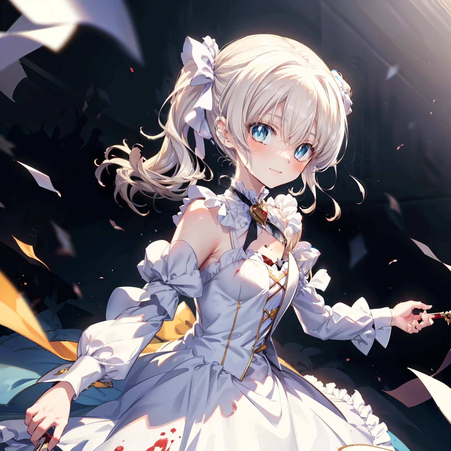 (1girl, solo), blonde hair, side ponytail, (blue eyes:1.5), long hair, (small breast:1.2), (hair ribbon, juliet sleeves, long sleeves, puffy sleeves, blood stained white dress:1.5, frills, top hat, black top hat, hat, hat flower,) looking at viewer, crazy smile, blush, blood, blood on arm, blood on face, blood on clothes, blood on hands, holding knife, knife, indoorasterpiece:1.2), best quality, high resolution, unity 8k wallpaper, (illustration:1.5), anime style, (beautiful detailed eyes:1.6), extremely detailed face, perfect lighting, extremely detailed CG, (perfect hands, perfect anatomy), (dynamic pose, dynamic angle:1.1), nadja, red heart brooch, jewelry, serial killer, slasher,