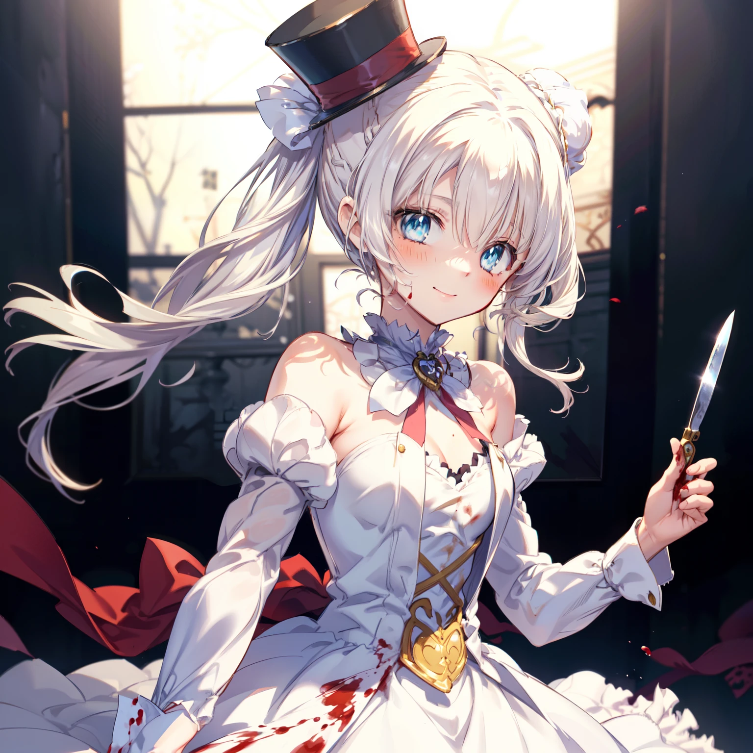 (1girl, solo), blonde hair, side ponytail, (blue eyes:1.5), long hair, (small breast:1.2), (hair ribbon, juliet sleeves, long sleeves, puffy sleeves, blood stained white dress:1.5, frills, top hat, black top hat, hat, hat flower,) looking at viewer, crazy smile, blush, blood, blood on arm, blood on face, blood on clothes, blood on hands, holding knife, knife, indoorasterpiece:1.2), best quality, high resolution, unity 8k wallpaper, (illustration:1.5), anime style, (beautiful detailed eyes:1.6), extremely detailed face, perfect lighting, extremely detailed CG, (perfect hands, perfect anatomy), (dynamic pose, dynamic angle:1.1), nadja, red heart brooch, jewelry, serial killer, slasher,