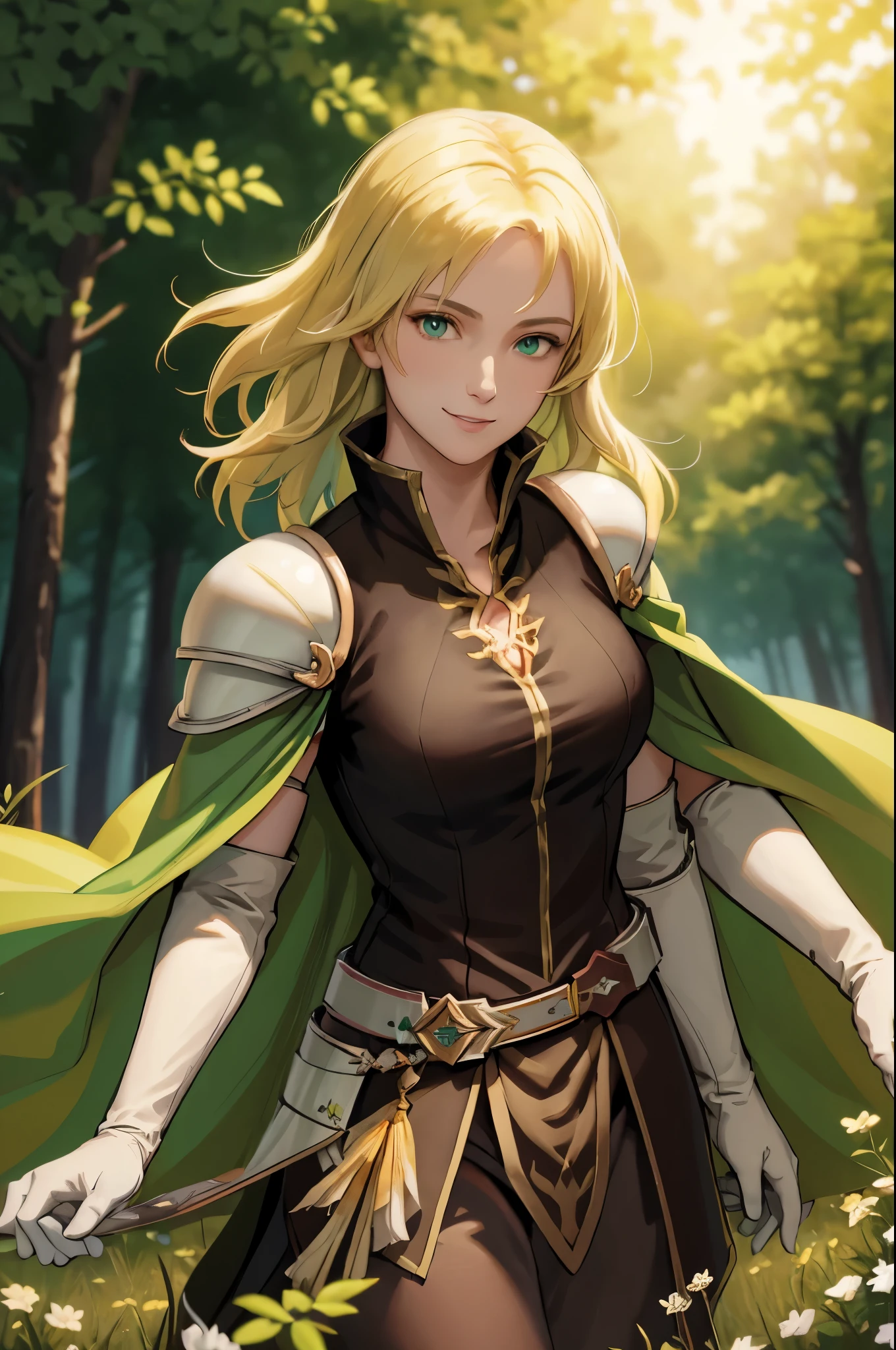 masterpiece, best quality, feSelena, brown tunic, green cape, white elbow gloves, shoulder armor, belt, upper body, looking at viewer, serene smile, forest, bog, sunset, medium hair length