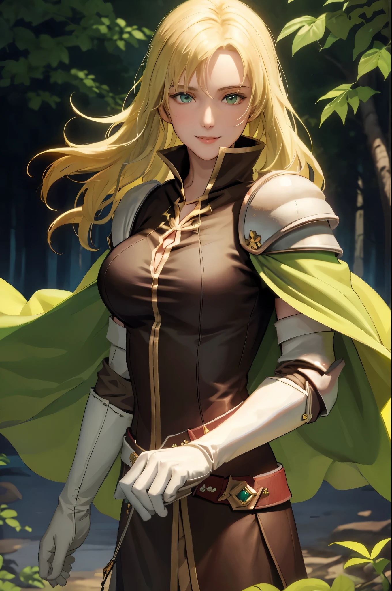 masterpiece, best quality, feSelena, brown tunic, green cape, white elbow gloves, shoulder armor, belt, upper body, looking at viewer, serene smile, forest, bog, sunset 