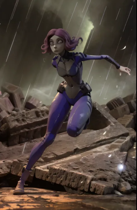 TimBurton Animation, photo of woman in a vault suit, 1girl, solo, colorful, action face, sneaking in a dark vault, action shot, bright side lighting, graceful, bottom heavy body, thic thighs, wide hips, small breasts, gloomy lighting, rainstorm lighting, v...