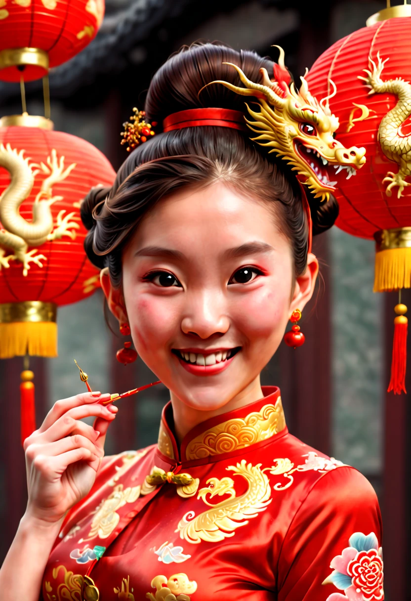 1girl, elf ear, in festive attire celebrates the Year of the Dragon during Chinese New Year. She's dressed in a red cheongsam with golden dragon embroidery that beautifully contours her figure and features traditional festive elements. Her hair  styled into a high bun adorned with red ribbons and a jade hairpin, with a joyful smile on her face. She holds sparklers, ready to join in the New Year celebrations. The background includes festive couplets and lanterns, enhancing the strong atmosphere of the Spring Festival, high-resolution image, HD, Chinese New Year celebration, red cheongsam, dragon motif, joyful expression, traditional decorations, digital painting, culturally rich, photorealistic art, by artists like He Jiaying, clean lines, vibrant, authentic celebration, octane render, (best quality, masterpiece, Representative work, official art, Professional, 8k:1.3)