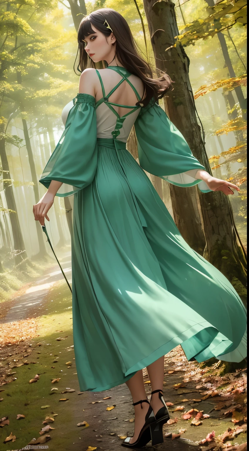 (masterpiece, Highest quality, Highest, official art, beautiful and aesthetic, exposed for a long time: 1.2), smooth movement, attractive pattern, 1 girl, (long dress with sleeves: 1.3), (((green clothes) )), Upper body close-up, bare shoulders, chinese girl, blush, black lob hair, portrait, alone, Upper body, look at the observer, detailed background, detailed face, (Crystal AI, crystal theme:1.1), elemental wood elf, rotation autumn leaves, control autumn leaves, emerald clothing, dynamic pose, suspended particles, etheric dynamics, autumn leaves, vapour, forest in the background, shades of green, forest, fantastic atmosphere,