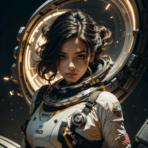 Stunning female in space suit, sci-fi, extremely beautiful piercing eyes, cinematic scene, hero view, action pose, scenery, deta...