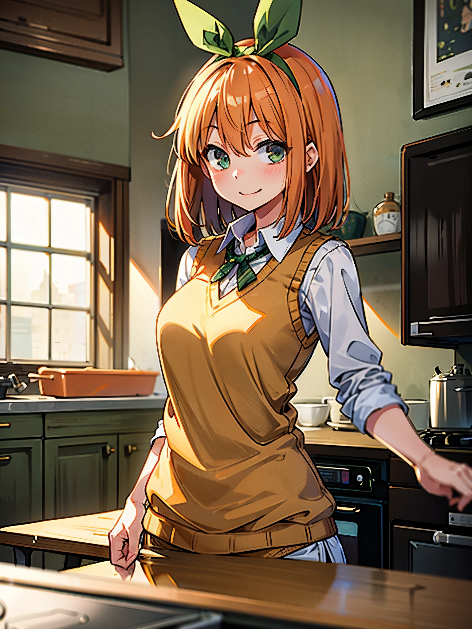 chef-d&#39;œuvre, qualité supérieure, Meilleure qualité, 1fille, Yotsuba, (sourire), (ruban vert), gilet pull, veste, (appartement), (cuisine), lumière du soleil, (désordonné)