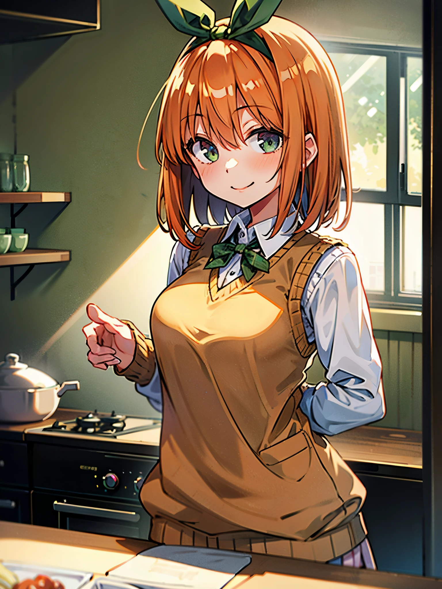 chef-d&#39;œuvre, qualité supérieure, Meilleure qualité, 1fille, Yotsuba, (sourire), (ruban vert), gilet pull, veste, (appartement), (cuisine), lumière du soleil, (désordonné)