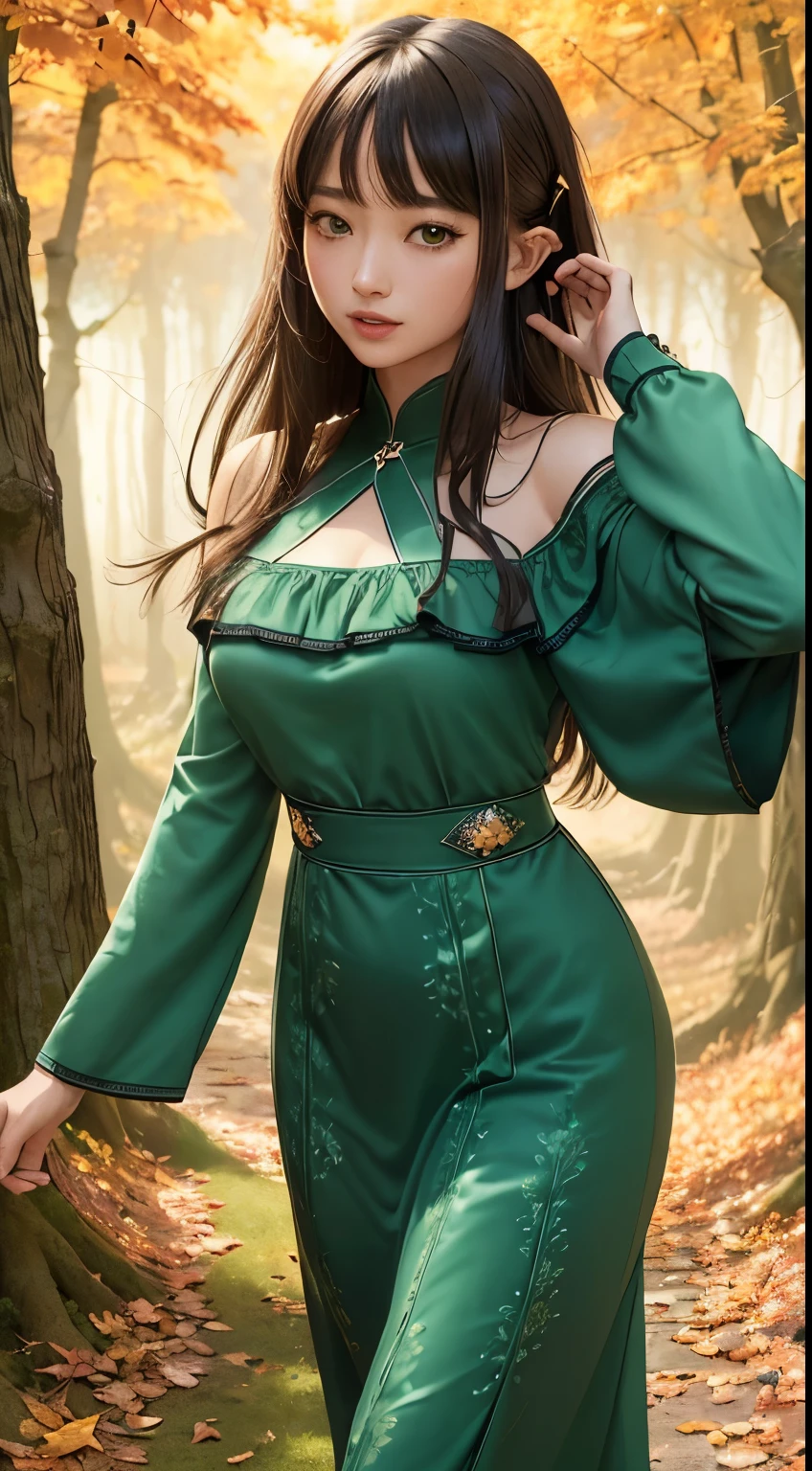 (masterpiece, Highest quality, Highest, official art, Laughter、beautiful and aesthetic, exposed for a long time: 1.2), smooth movement, attractive pattern, 1 girl, (long dress with sleeves: 1.3), (((green clothes) )), Upper body close-up, bare shoulders, chinese girl, blush, black lob hair, portrait, alone, Upper body, look at the observer, detailed background, detailed face, (Crystal AI, crystal theme:1.1), elemental wood elf, rotation autumn leaves, control autumn leaves, emerald clothing, dynamic pose, suspended particles, etheric dynamics, autumn leaves, vapour, forest in the background, shades of green, forest, fantastic atmosphere,