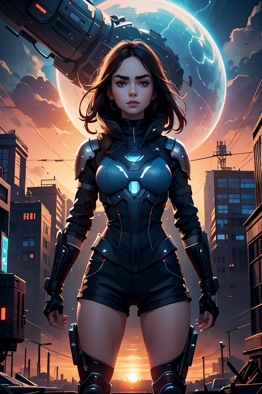 Lily Collins,große Figur，Haut，Oberkörpershorts，dunkle Shorts，Aufwendige Verarbeitung，Symbol，Firmenlogo，große Kugel，Strahlen blaues Licht aus，Hintergrund mit，Zukunfts-Technologie，cyberpunk city，Großes Maschinengebäude，großes Getriebe，Doomsday-Ruinen，Riesiger Tornado，blauer Himmel und weiße Wolken，Blitz Donner，Sonnenuntergang Feuer Wolke mehrere Planeten，Ende der Welt，Riesiger Tornado