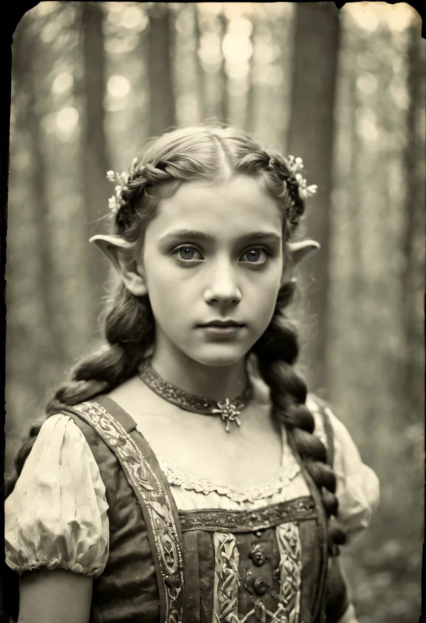 Old photo from the 1930s with a Zeiss Ikon Ikonta 520../2 cameras, published by the Museum of Historical Photography in 1930.., (portrait of a beautiful elf girl), elf girl with a beautiful cute face against the backdrop of a dense forest, the elf girl&#39;s hair is braided with delicate intricate patterns, film type 130, frame size 60 x 90 mm, Tessar 4.5/lens 105 mm, vintage photo paper, old shabby photograph, scuffs and scratches, photo ruined by time