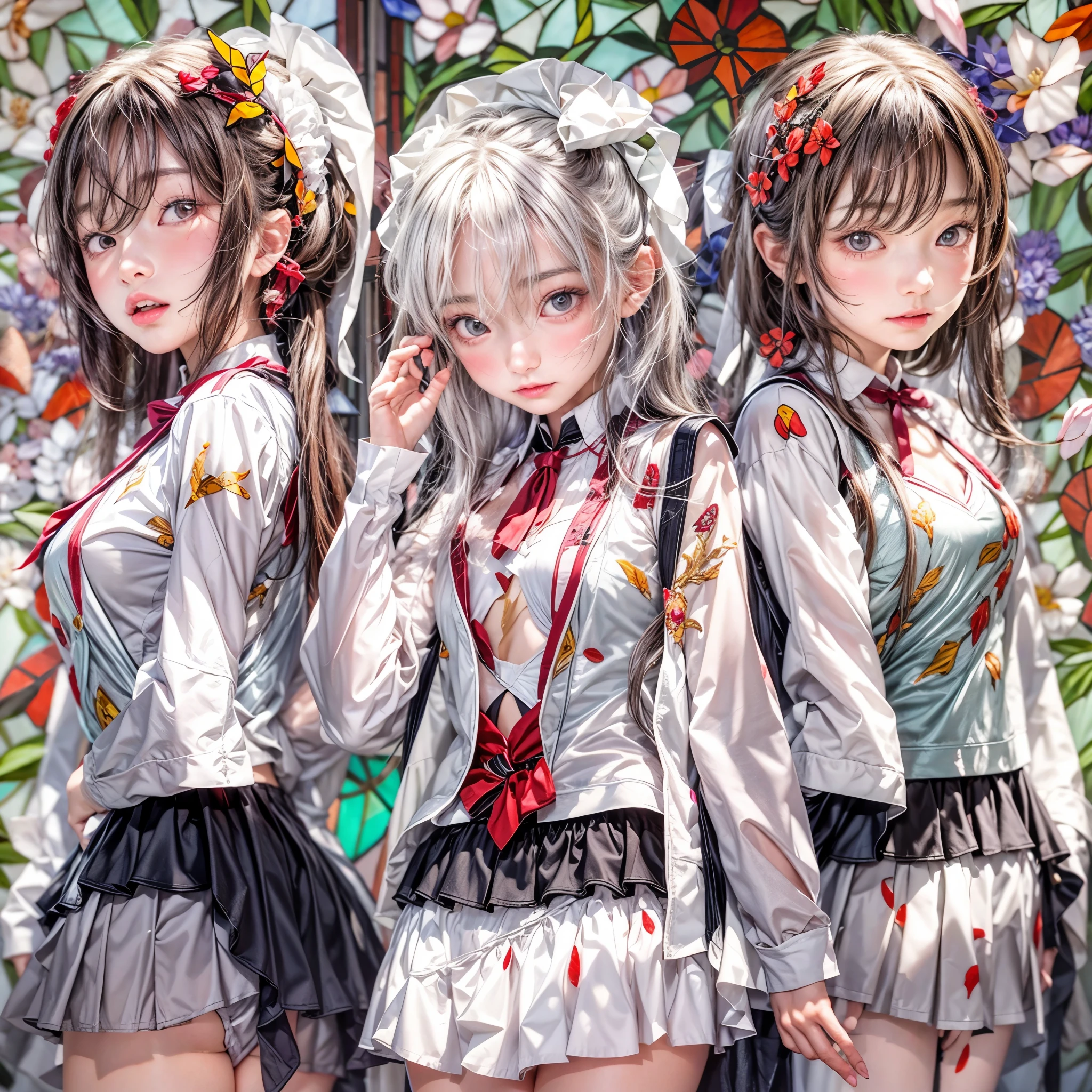 (White and Red, Acutance:0.8), Masterpiece, (physically-based rendering with ultra-detailed, (realistic and (photorealistic:1.37) with touch of rawness)). A group of KAWAII girls in opened school uniform without brassiere . ((extremely detailed KAWAII face variations) with joyful expressions), { Navel | pretty Ass | Overflowing underboob | (White panties) with blood only in crotch area | (full of Flowers covering girl's body) | (Dazzling colorful stained glass with delicate details:1.2) } . (Exposed:1.2), ((nipple:-0.9)), (not Detailed fingers:-0.9) .