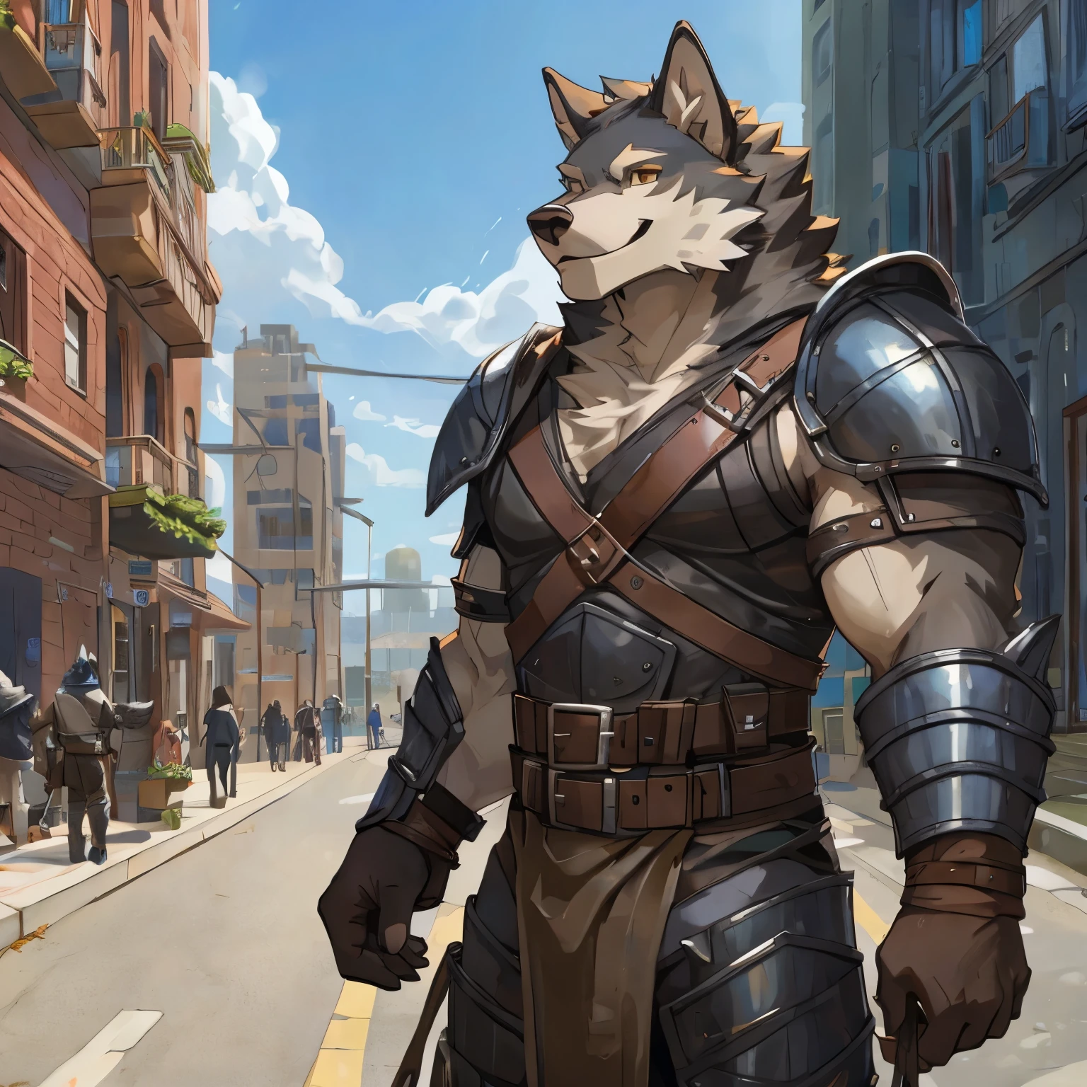 Teenager,wolf，street，fur,mercenary,Leather armor,smile,tall,male, anthro, furry,by null-ghot