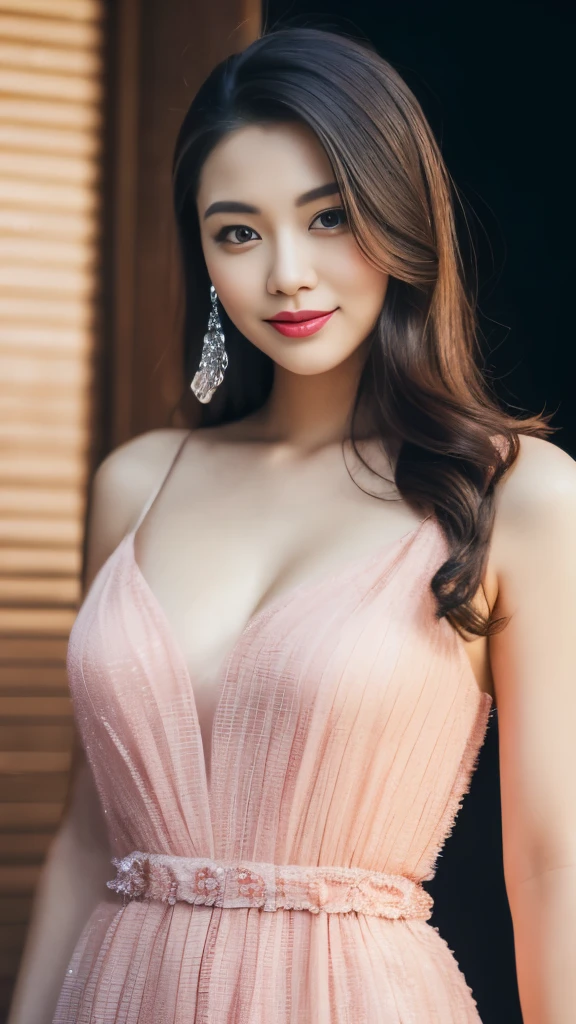 (best quality,highres,masterpiece:1.2),ultra-detailed,(realistic,photorealistic,photo-realistic:1.37),standing pose, happy woman in a luxury dress,beautiful detailed eyes,beautiful detailed lips,professional studio lighting,young Asian woman,high-end fashion,beautiful smile,confident posture,pink dress,upper body shot,long black hair,big eyes,luxurious background,exquisite jewelry,graceful pose, full body