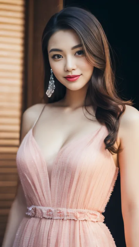 (best quality,highres,masterpiece:1.2),ultra-detailed,(realistic,photorealistic,photo-realistic:1.37),standing pose, happy woman in a luxury dress,beautiful detailed eyes,beautiful detailed lips,professional studio lighting,young Asian woman,high-end fashi...