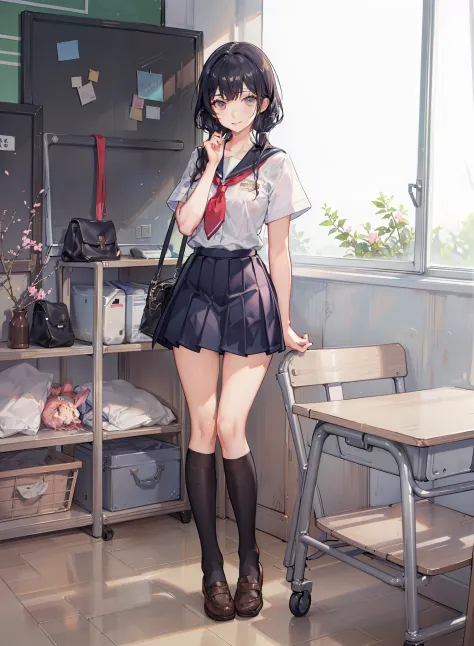 anime girl in a school uniform standing in a room with a desk, a hyperrealistic schoolgirl, realistic schoolgirl, hyperrealistic...