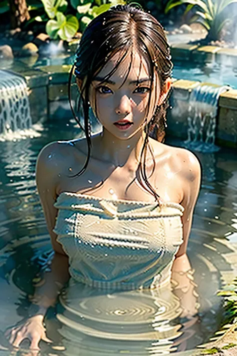 (masterpiece), (highest quality:1.4), confused, [:intricate details:0.2], 1 girl, (naked towel), (geyser, hot spring:1.2), Wet S...