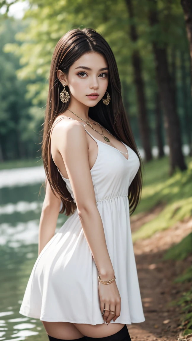 1girl,solo,long hair,breasts,looking at viewer,brown hair,black hair,hair ornament,thighhighs,dress,brown eyes,jewelry,earrings,outdoors,day,water,necklace,white dress,blurry,tree,blurry background