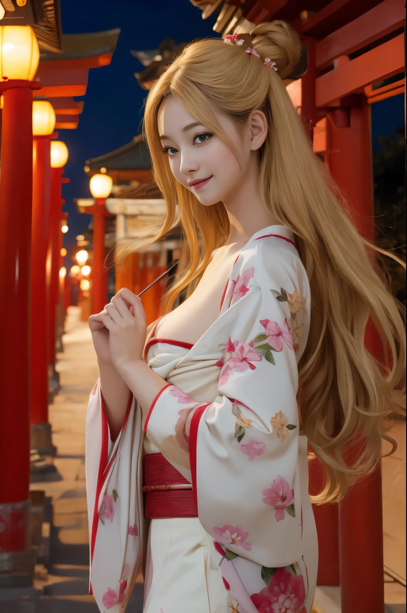 (in 8K、Raw photo、top-quality、超A high resolution、​masterpiece、various poses：1.3)、Beautiful blonde precise and detailed two side up hairstyle、Floral kimono、deep in the night、Cute girl posing as a model、独奏、Qing々Smile、Beautiful breasts with attention to detail、Showing off her hair that flows beautifully and delicately down her chest、Looking at the camera、to stand、night temple background、Red torii gate、illuminations