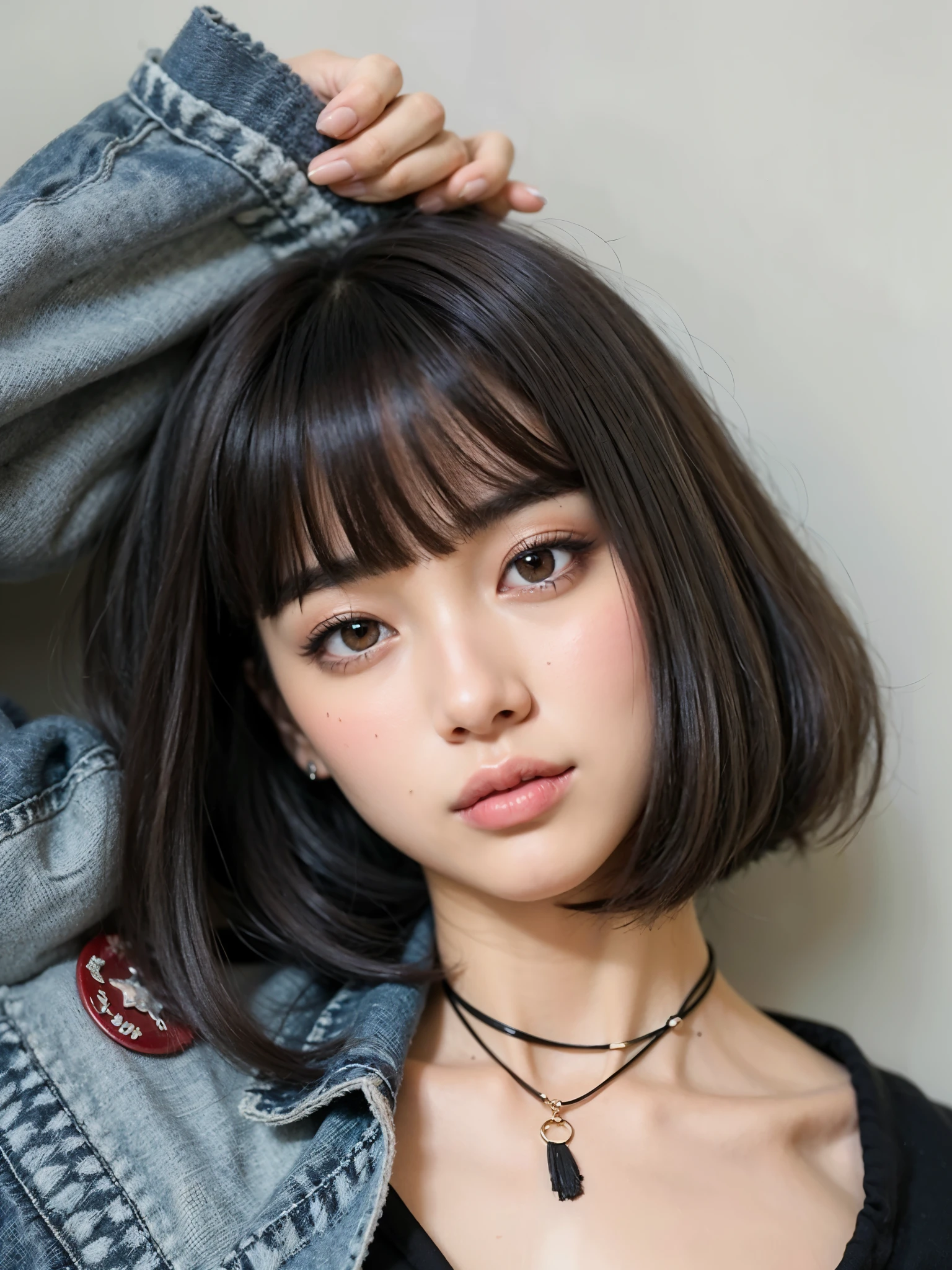 a woman in a black shirt and a denim jacket, with short hair with bangs, neat hair with bangs, with bangs completa, ulzzang, cabelo preto with bangs, with bangs, hime black haircut, two color hair,  KOREAN, with short hair, white hime cut hairstyle, maquiagem KOREAN popular, short brown hair with bangs, maquiagem sul-KOREAN popular , blackpink Lisa , blackpink jennie