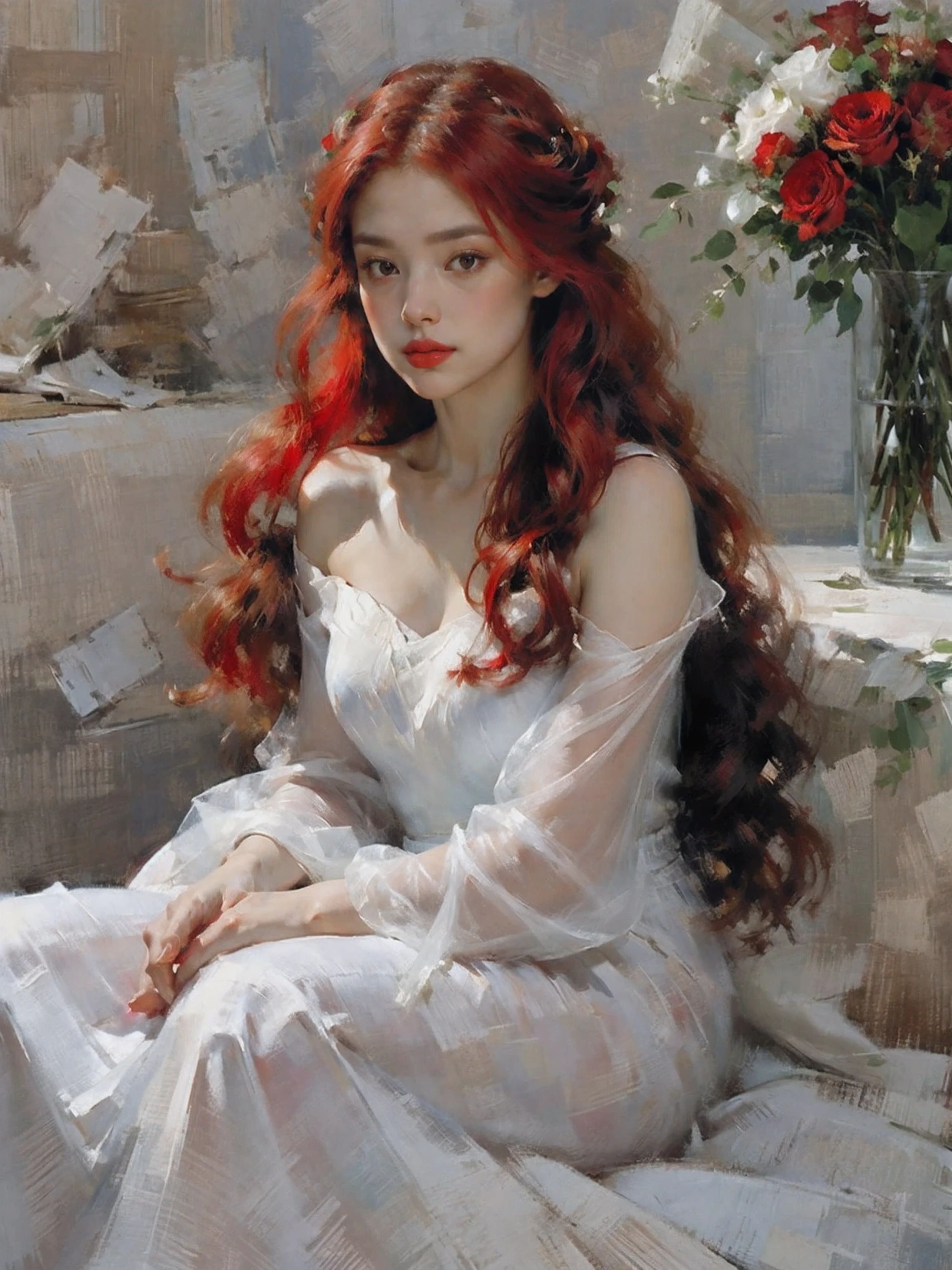 portrait,1 fille,seul,jupe,tenant un bouquet de fleurs,Cheveux très longs,carthame,cheveux roux,rose rouge,white jupe