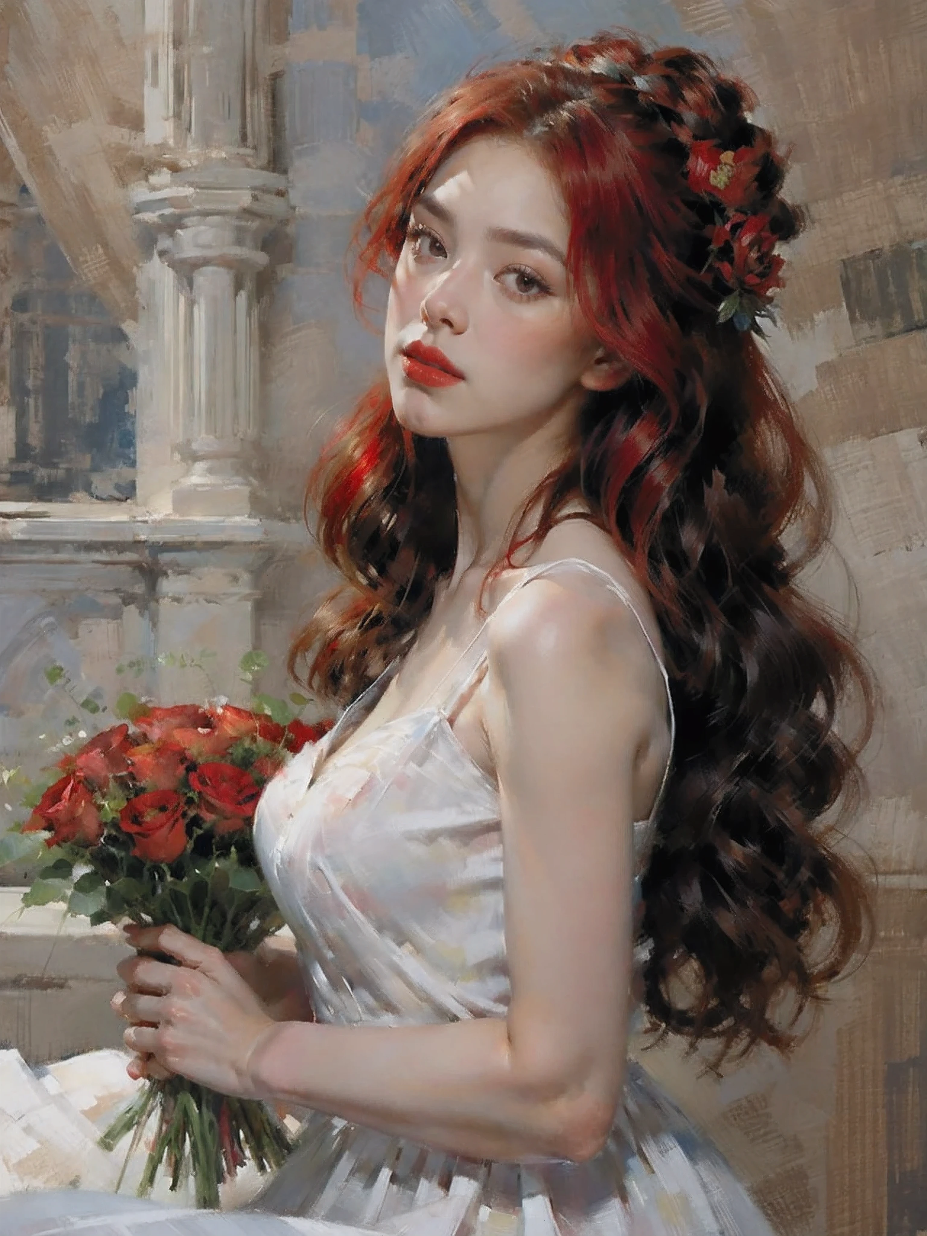 portrait,1 fille,seul,jupe,tenant un bouquet de fleurs,cheveux très longs,carthame,cheveux roux,rose rouge,white jupe