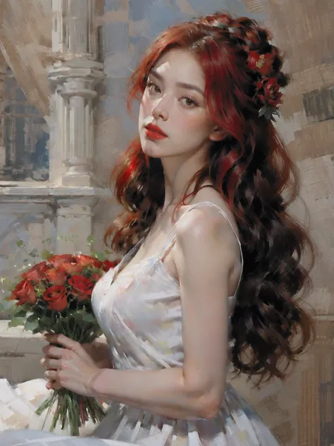 portrait,1 girl,alone,skirt,holding flower bouquet,very long hair,safflower,Red hair,Red rose,white skirt