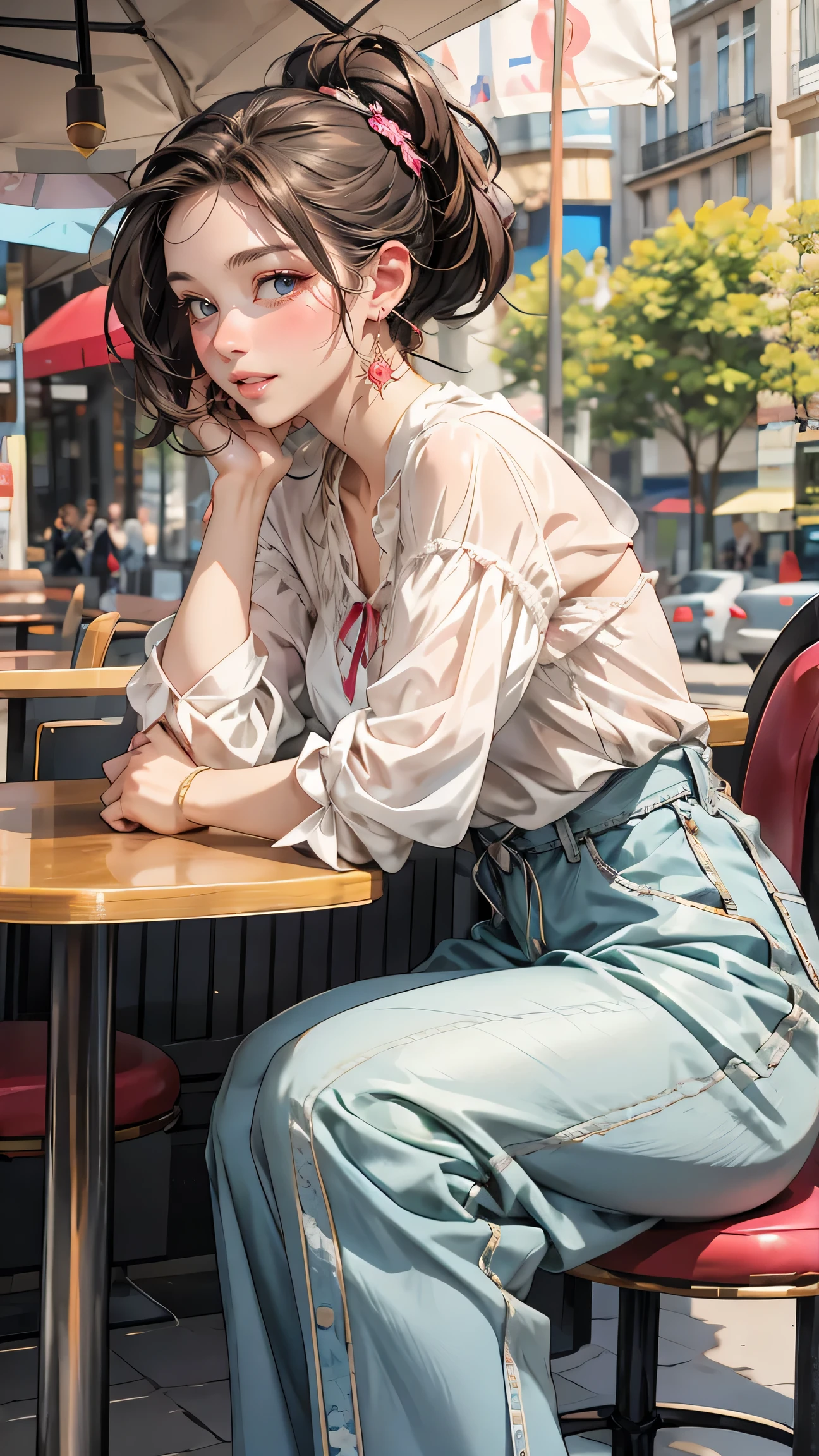 女性, カラフルなブラウス, 座りポーズ, パリのカフェ, 完璧なボディ