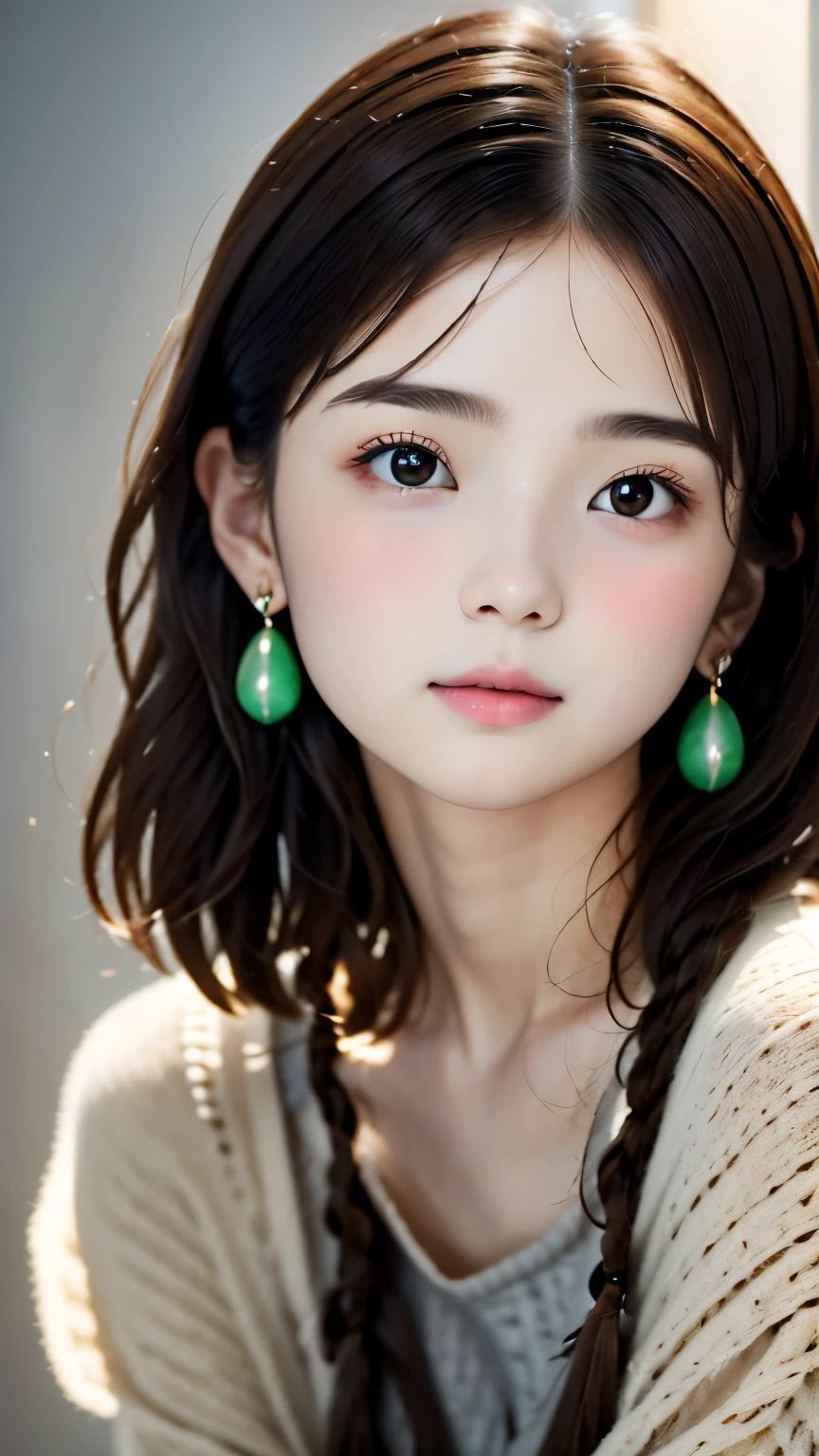 portrait、masterpiece:1.3、one girl、Upper body、Upper body、baby face、natural look、very cute、brown hair、fine eyes、short bangs、short bob、small red earrings、plump lips、no makeup、green crociocas on the face、最high quality、High resolution、Super detailed、high quality、Detailed details、８ｋ、(((blurred background、gray walls、gray background、White world、studio:1.5、cinematic lighting、professional photographer)))