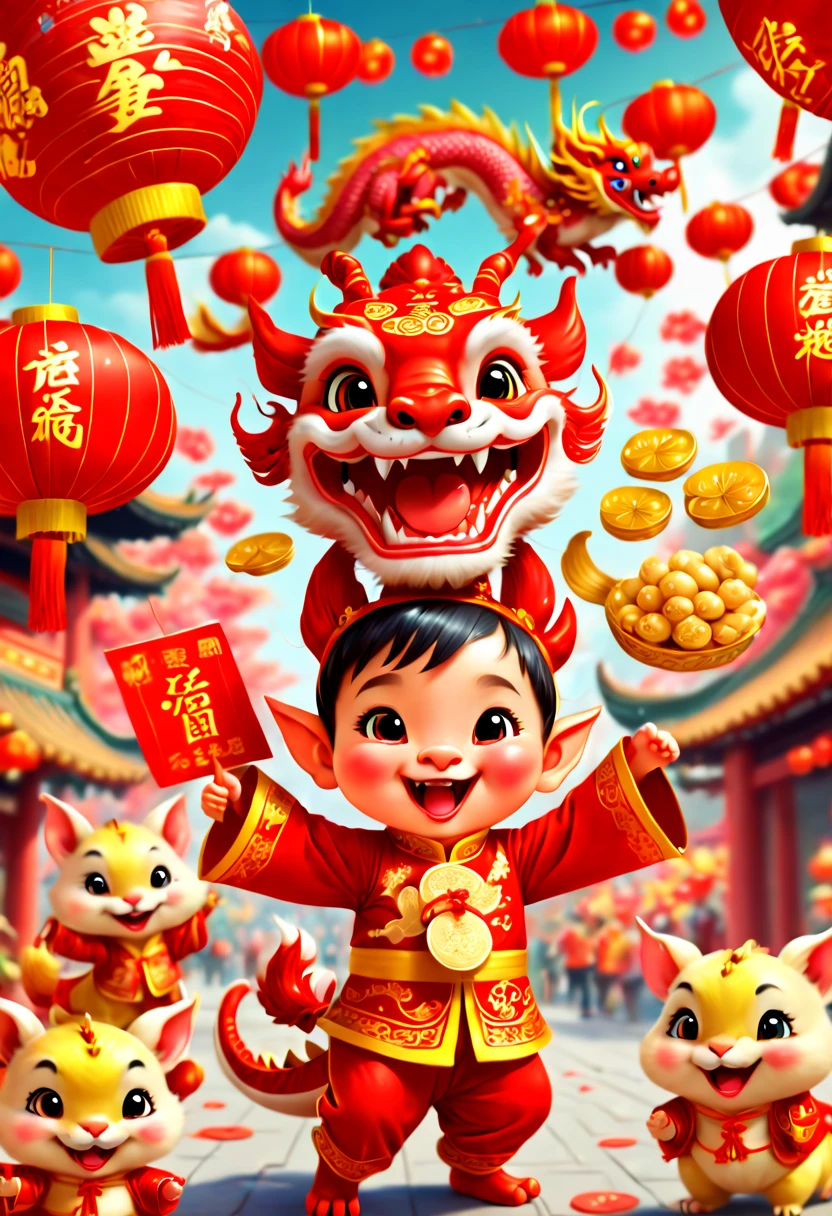 text "China", Chinese New Year "2024", dragon cub mascot, red clothes, Chinese bowing, spit out many golds, red envelopes, fireworks, confetti, strong festive atmosphere, Chinese elements, panoramic view, Ultra high saturation, (best quality, masterpiece, Representative work, official art, Professional, 8k)