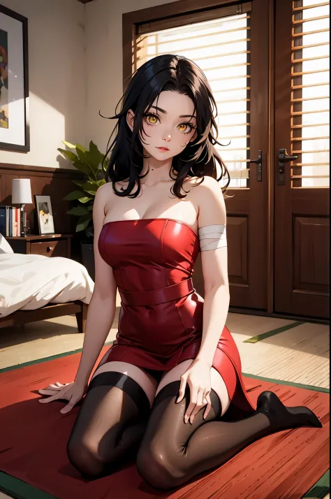 Amber eyes，black pupils，nar_red_sunset，forehead protection，bandage，，Variza，HD quality，strapless dress stockings，Room里面，Room