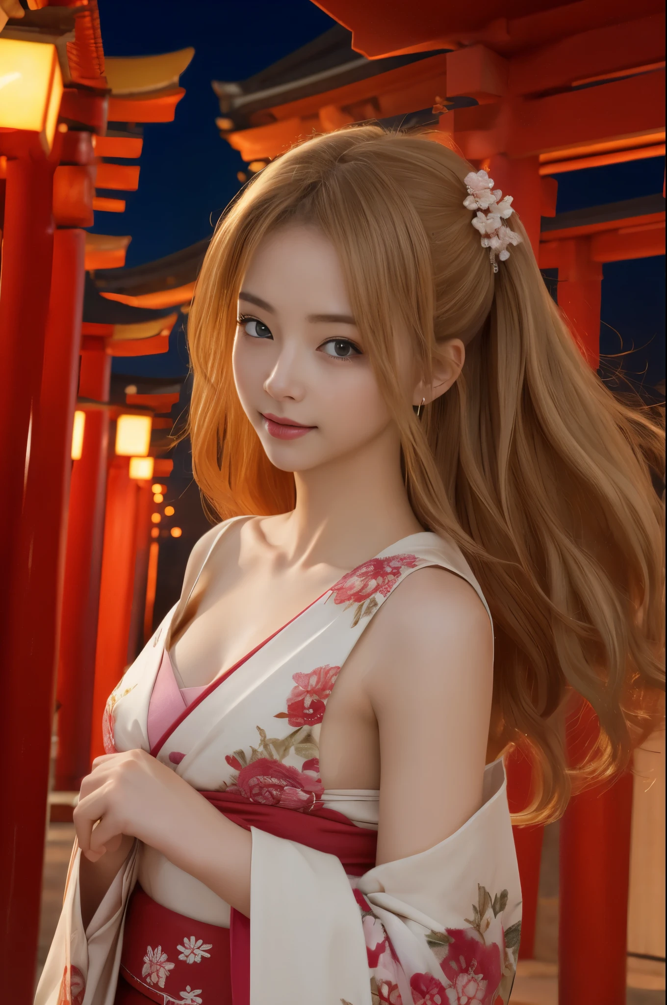 (in 8K、Raw photo、top-quality、超A high resolution、​masterpiece、various poses、1girl、clavicle：1.3)、Beautiful blonde precise and detailed two side up hairstyle、Floral kimono、deep in the night、Cute girl posing as a model、Qing々Smile、Beautiful breasts with attention to detail、Showing off her hair that flows beautifully and delicately down her chest、Looking at the camera、to stand、night temple background、Red torii gate、illuminations