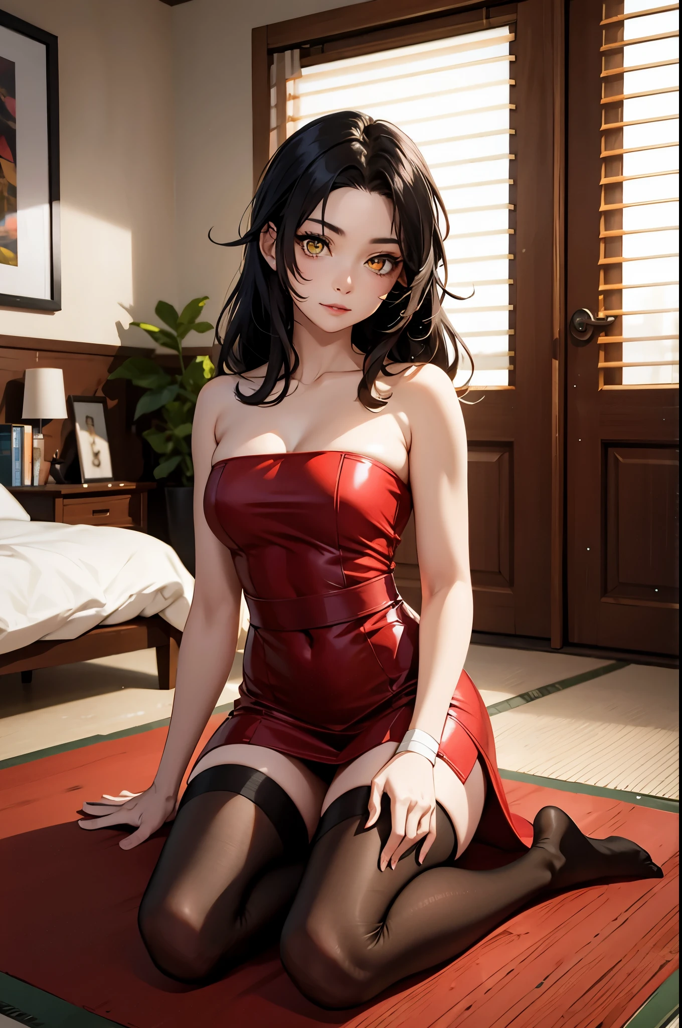 （Amber eyes：1.3），black pupils，nar_red_sunset，forehead protection，bandage，，varies through，HD quality，strapless dress stockings，Inside the Room，Room