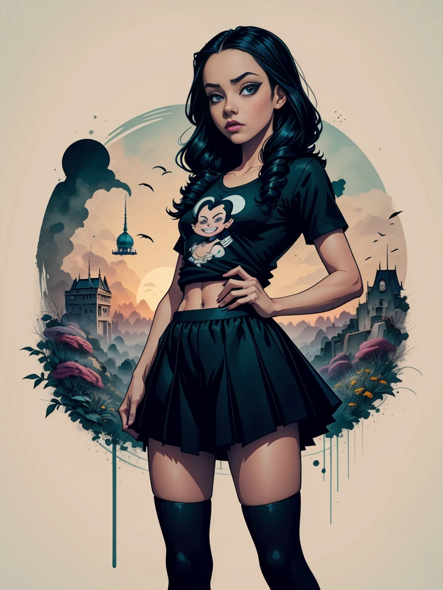 Jenna Ortega als Wednesday Addams, 2D-T-Shirt-Kunst, Gothicpunk, epische Illustration, Vektor, 2D-Illustration, Schwarzer Hintergrund, morbide, sexy, sumi-e ferroink drawing, konzentriert, Vorderansicht, von Tim Burton und Marc Silvestri, inspiriert von Walt Disney und Will Eisner