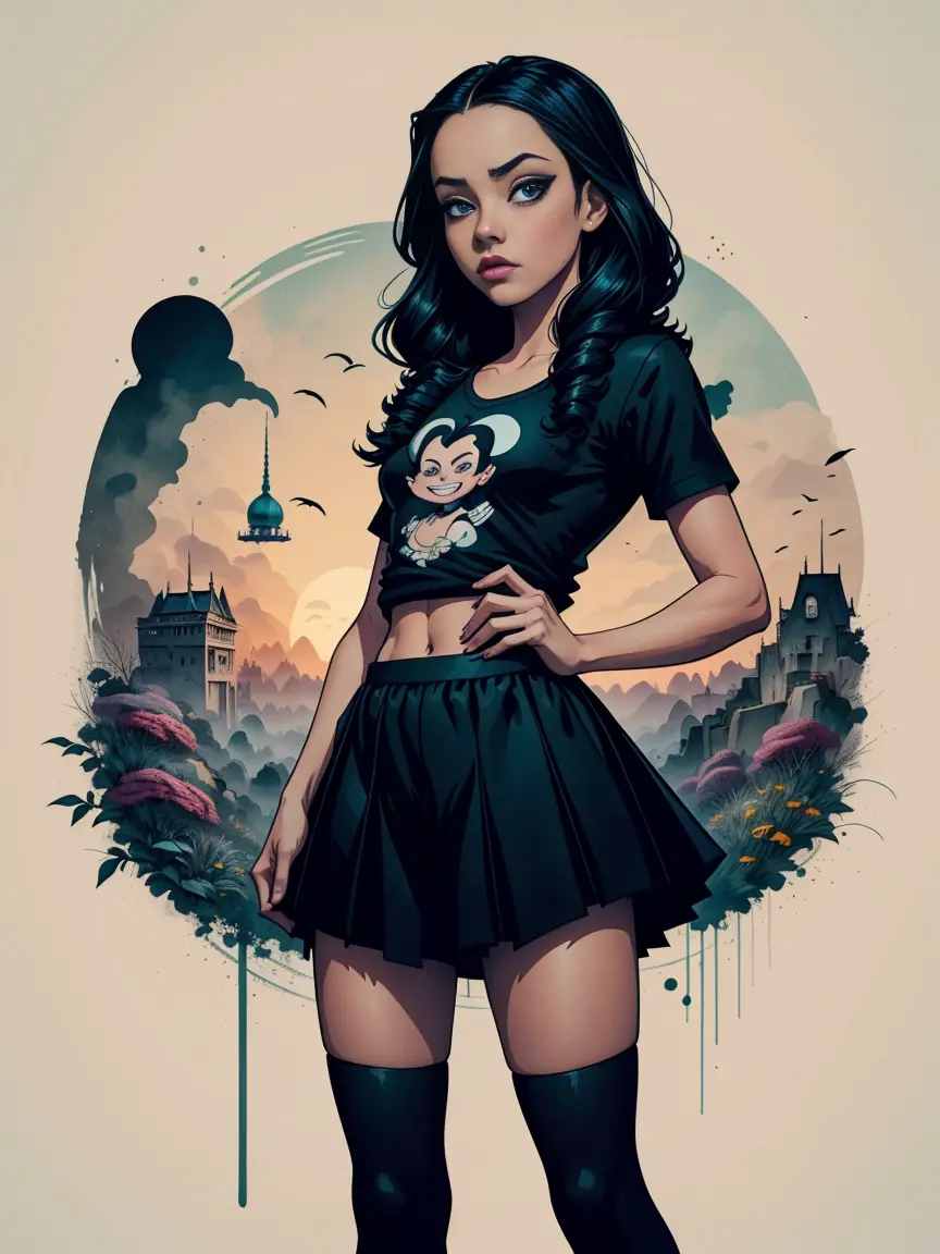 Jenna Ortega als Wednesday Addams, 2D-T-Shirt-Kunst, Gothicpunk, epische Illustration, Vektor, 2D-Illustration, Schwarzer Hinter...