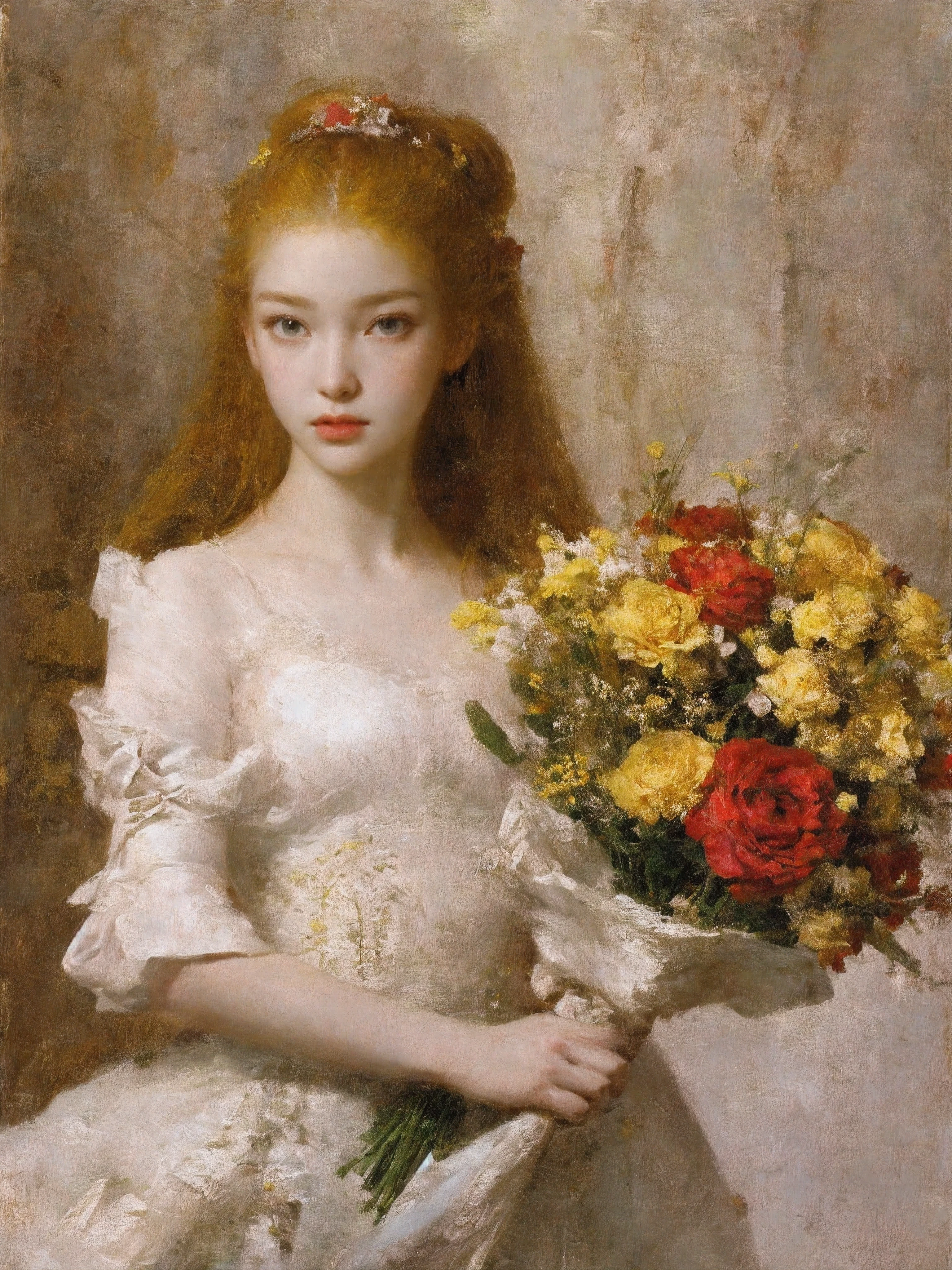 肖像画,女の子1人,12歳,一人で,白いドレス,花束を持っている,非常に長い髪,紅花,黄色い髪,赤いバラ,