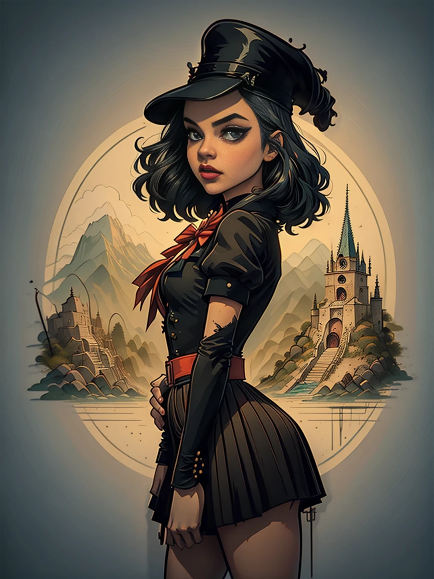 Jenna Ortega als Wednesday Addams, 2D-T-Shirt-Kunst, Gothicpunk, epische Illustration, Vektor, 2D-Illustration, Schwarzer Hintergrund, morbide, sexy, sumi-e ferroink drawing, konzentriert, Vorderansicht, von Tim Burton und Marc Silvestri, inspiriert von Walt Disney und Will Eisner