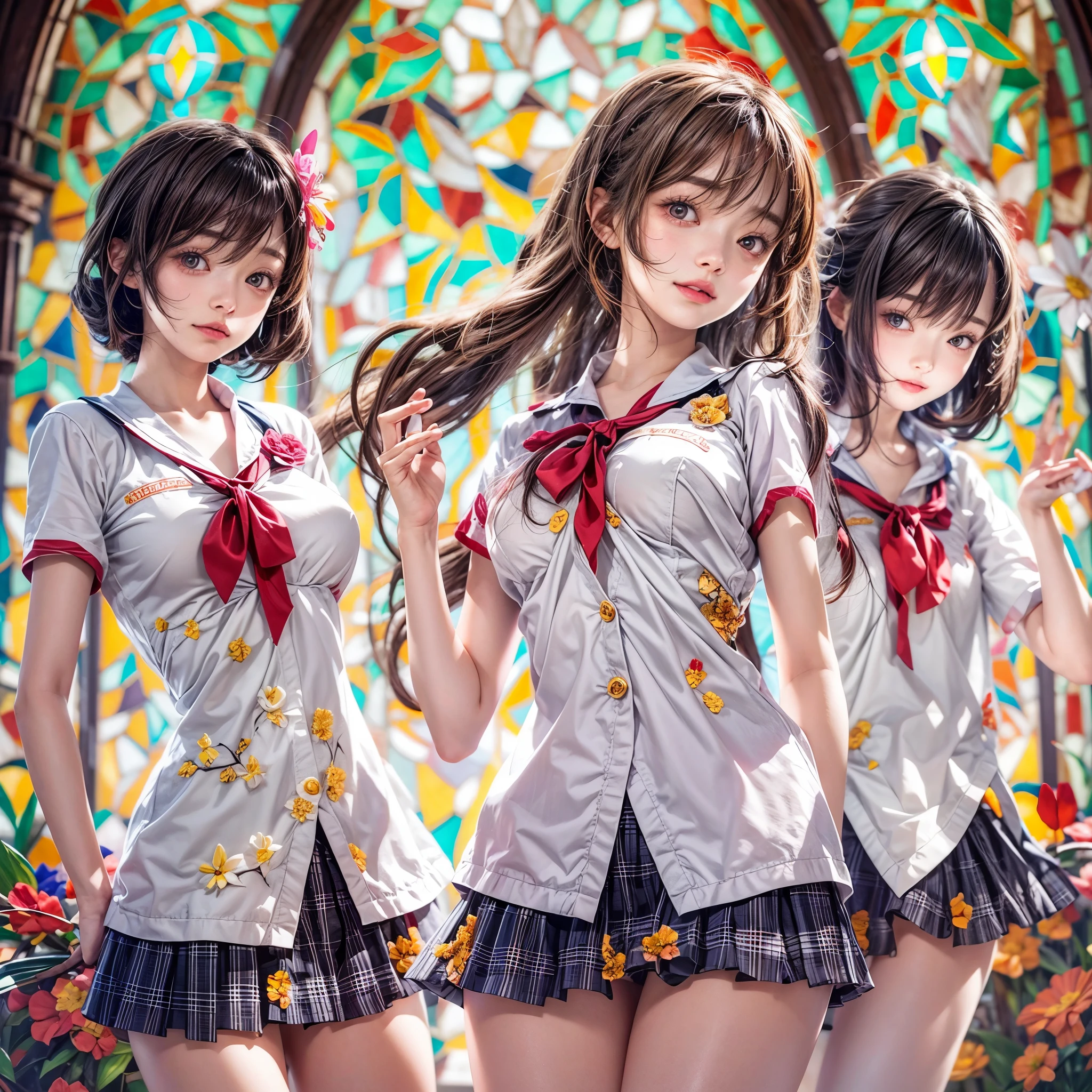 (White and Red, Acutance:0.8), Masterpiece, (physically-based rendering with ultra-detailed, (realistic and (photorealistic:1.37) with touch of rawness)). A group of KAWAII girls in opened school uniform without brassiere . ((extremely detailed KAWAII face variations) with joyful expressions), { Navel | pretty Ass | Overflowing underboob | (White panties) with blood only in crotch area | (full of Flowers covering girl's body) | (Dazzling colorful stained glass with delicate details:1.2) } . (Exposed:1.2), ((nipple:-0.9)), (not Detailed fingers:-0.9) .