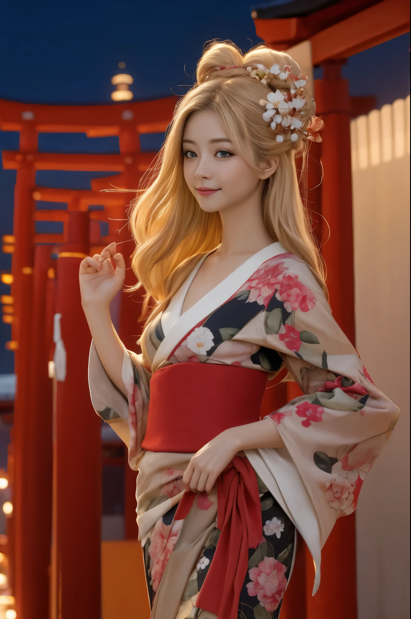 (in 8K、Raw photo、top-quality、超A high resolution、​masterpiece、various poses、1girl：1.3)、Beautiful blonde precise and detailed two side up hairstyle、Kimono with floral pattern based on black、deep in the night、Cute girl posing as a model、Qing々Smile、Beautiful breasts with attention to detail、Showing off her hair that flows beautifully and delicately down her chest、Looking at the camera、to stand、night temple background、Red torii gate、illuminations