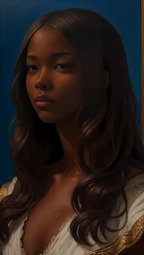 oil painting by Leonardo da Vinci, realistic portrait, closeup face of Gabrielle Union with dark skin, ebony nose, long hair, he...