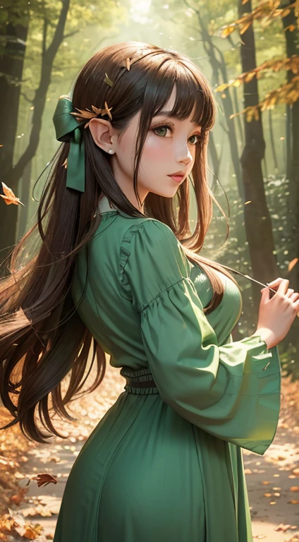 (masterpiece, Highest品質, Highest, official art, beautiful and aesthetic, exposed for a long time: 1.2), smooth movement, attractive pattern, 1 girl, (long dress with sleeves: 1.3), (((green clothes) )), Upper body close-up, bare shoulders, chinese girl, blush, black lob hair, portrait, alone, Upper body, look at the observer, detailed background, detailed face, (Crystal AI, crystal theme:1.1), elemental wood elf, rotation autumn leaves, control autumn leaves, emerald clothing, dynamic pose, suspended particles, etheric dynamics, autumn leaves, vapor, forest in the background, shades of green, forest, fantastic atmosphere,