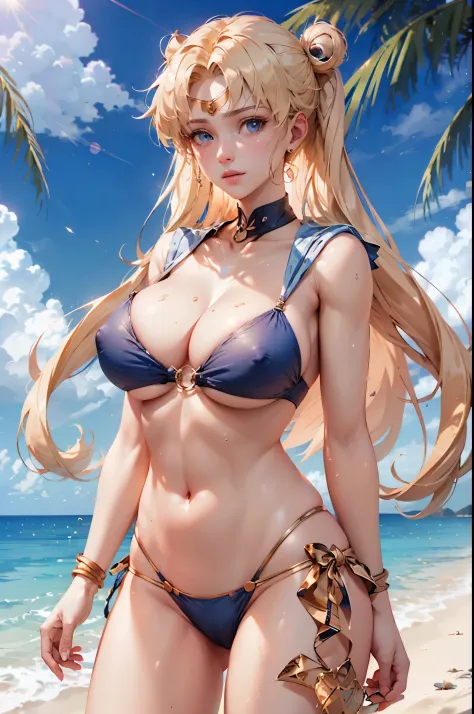 sailor moon at beach wear sailor bikini, blonde hair, large breast, show cleaveage, (forehead ornament), masterpiece, best quality:1.2),(8k,highres,RAW photo,realistic,photo-realistic:1.3),(detailed skin texture,detailed cloth texture,beautiful detailed fa...
