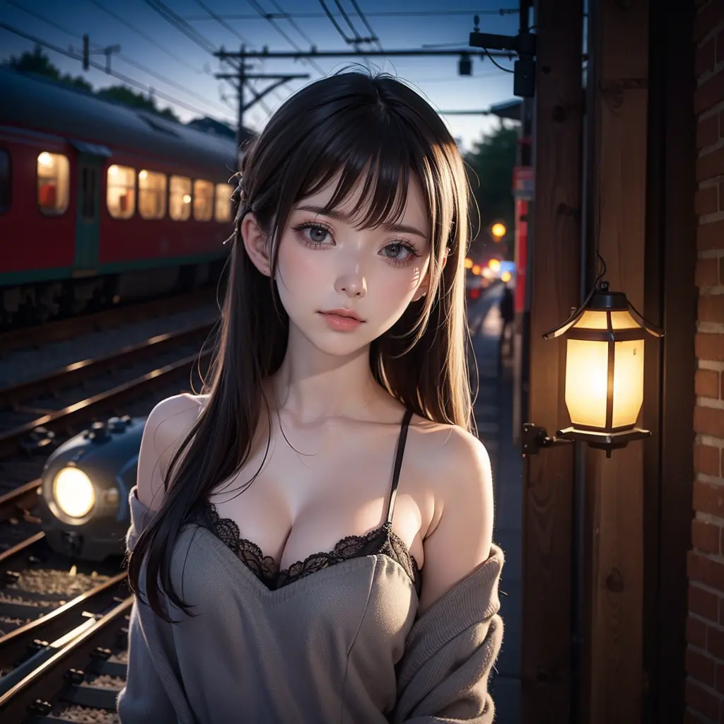 best quality,artistic,night railway platform,lonely woman,sad expression,tears streaming down her face,vintage wooden railway st...