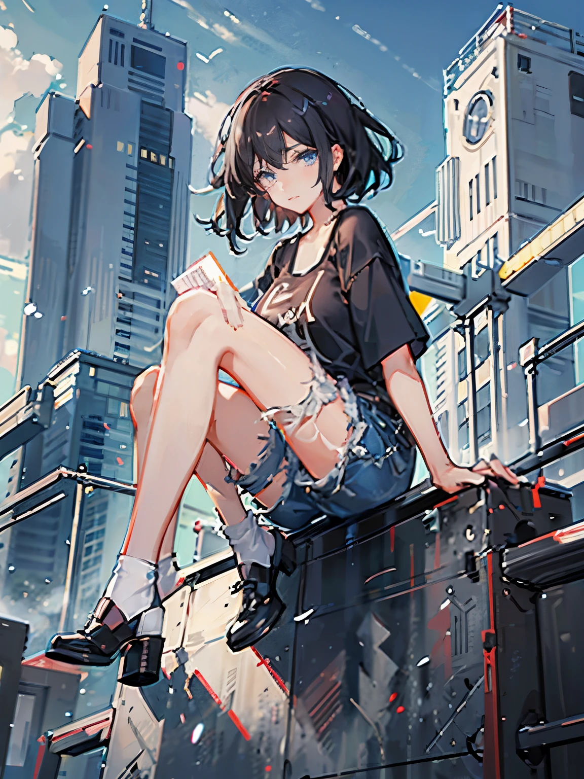 1girl, short black hair, blue eyes, wearing plain white shirt, denim shorts, city, adsurdes, high res, ultrashiarp, 8k masterpiece, looking at viewer