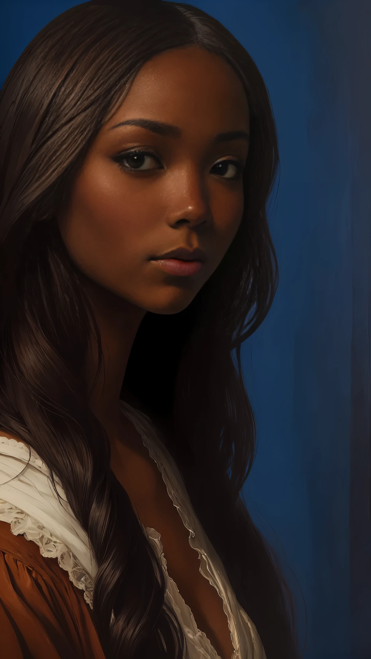 列奧納多·達·芬奇的油畫, 寫實肖像, 加布里埃爾·尤尼恩 (Gabrielle Union) 深色皮膚的特寫臉, 烏木鼻, 長髮, 她的眼睛甜美而充滿活力, 她的臉對稱, 豐富的棕色皮膚, REMBRADT 的臉部柔和光亮度, 土坯插圖, ArtStation 上的熱門話題, 8K, 高畫質, 電影般的, 傑作, 宏偉的藝術, 最好的品質, 浪漫主義文藝復興時期, 布面油畫, 豐富的藍色背景 