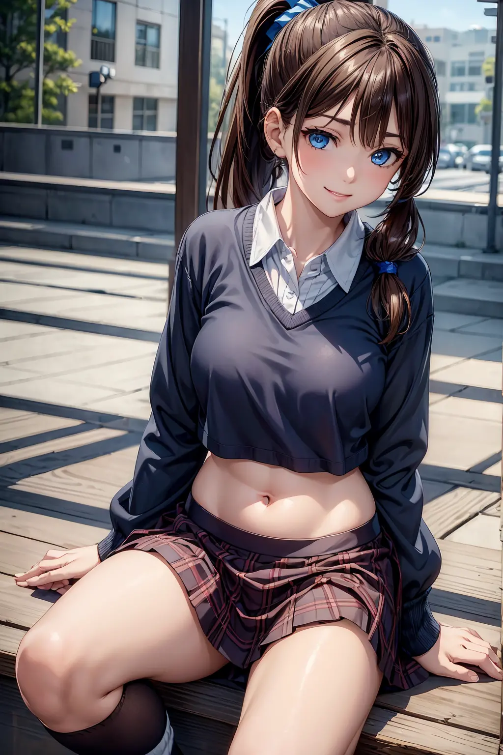 Beautiful face、brown hair、((ponytail、deep blue eyes:1.2))、shiny and smooth hair, shy smile, Highly detailed CG unified 8k wallpa...