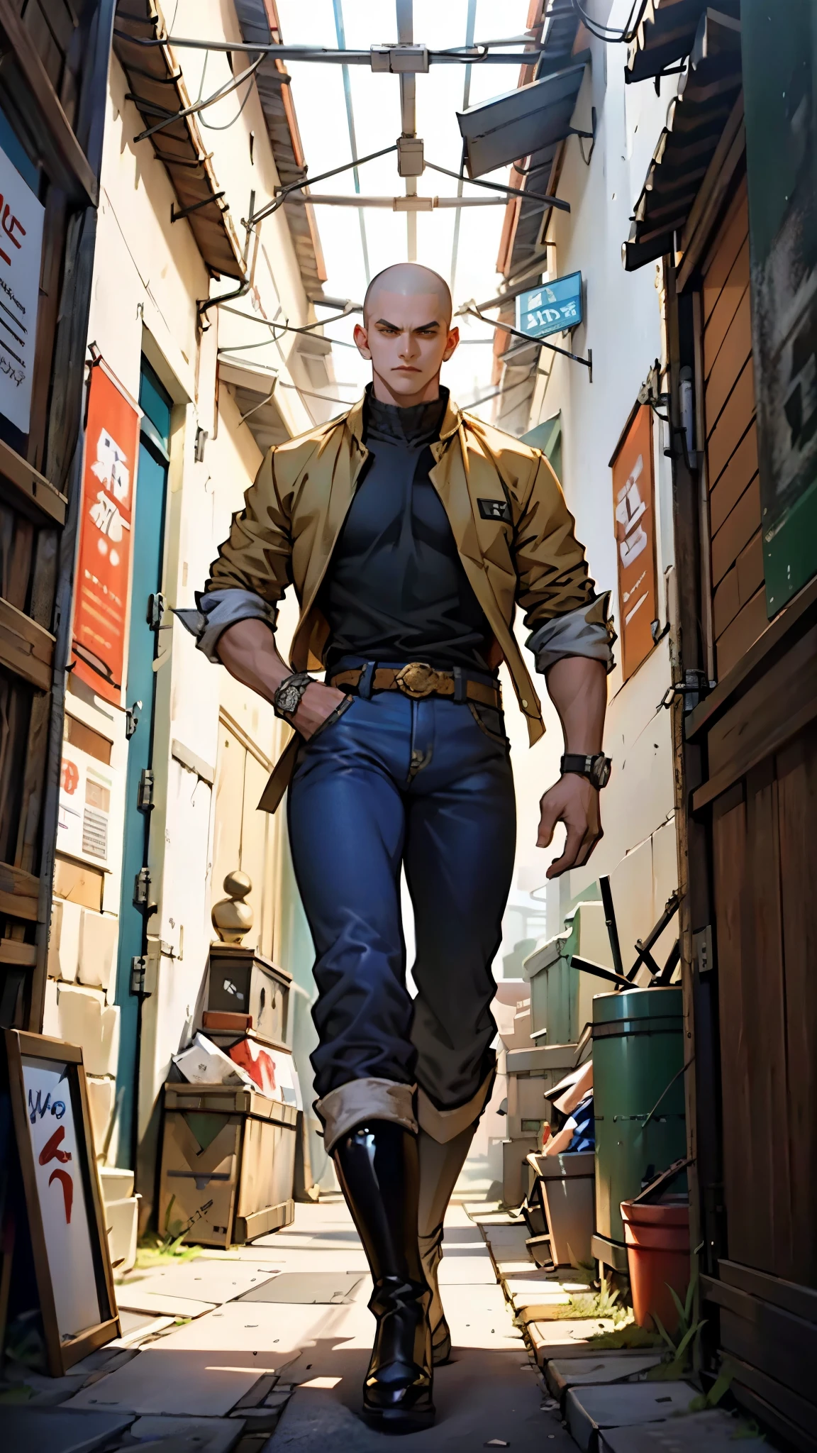 In the backdrop of an ancient fantasy-reality setting, a youth sporting a platinum crew cut displays a piercing gaze and confident demeanor. Adorned in a two-piece fusion outfit, seamlessly blending Western and Eastern influences, he wears a snug dark top paired with a vibrant yellow-blue short jacket. The lower half features loose white utility pants, and his sturdy long boots echo through the corridors of an antiquated architectural landscape. The overall aesthetic captures the essence of a refined and mature anime-inspired  rogue, symmetrical face, extremely detailed eyes and face, high quality eyes, high definition, highres, ultra-fine painting, exquisite and mature, extremely delicate, professional, anatomically correct, creativity, UHD, HDR, 32k, Natural light, cinematic lighting, best shadow, masterpiece-anatomy-perfect, best quality, masterpiece, ultra-detailed